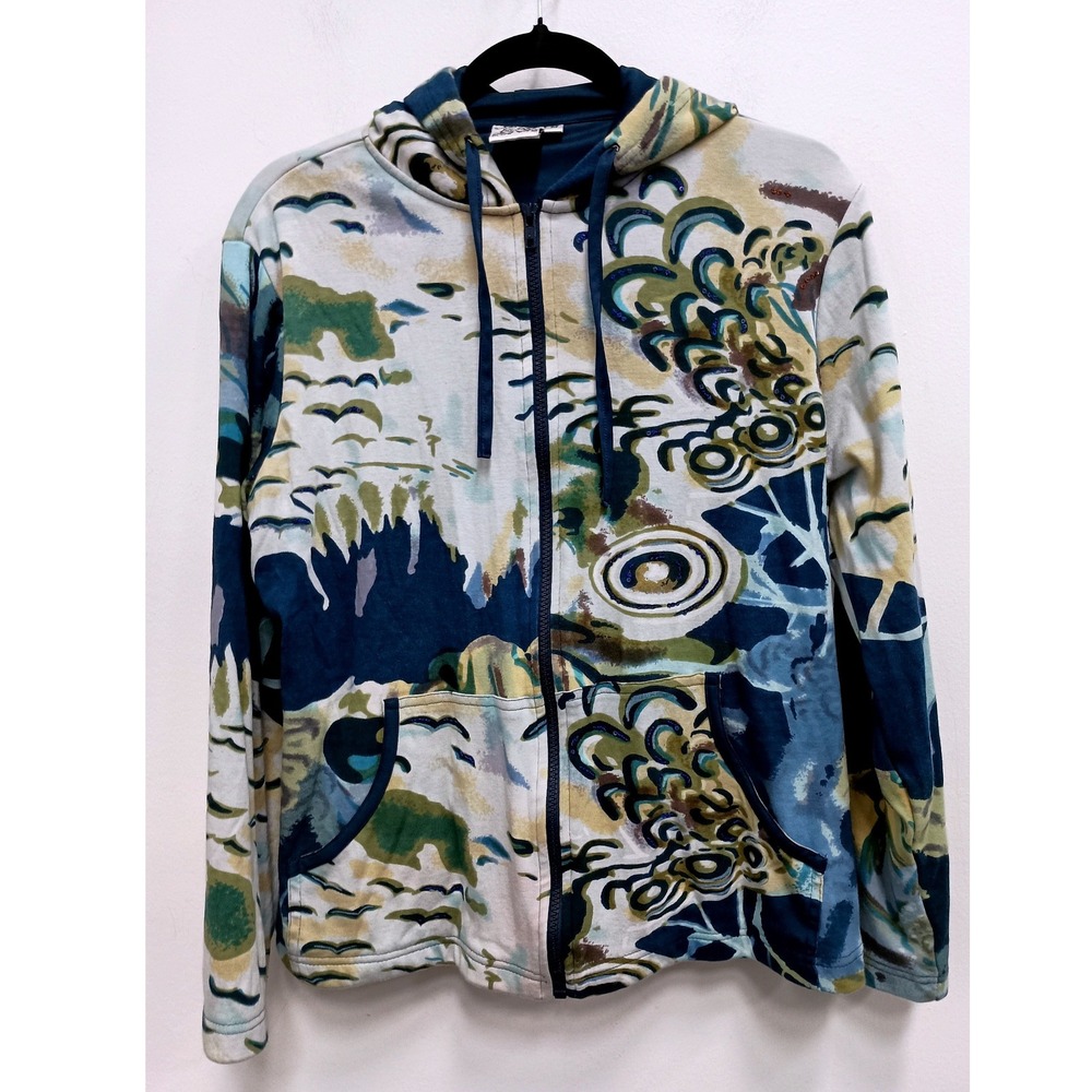 Parsley & Sage Wearable Art Lagenlook Hoodie Womens M Blue Abstract Sequin